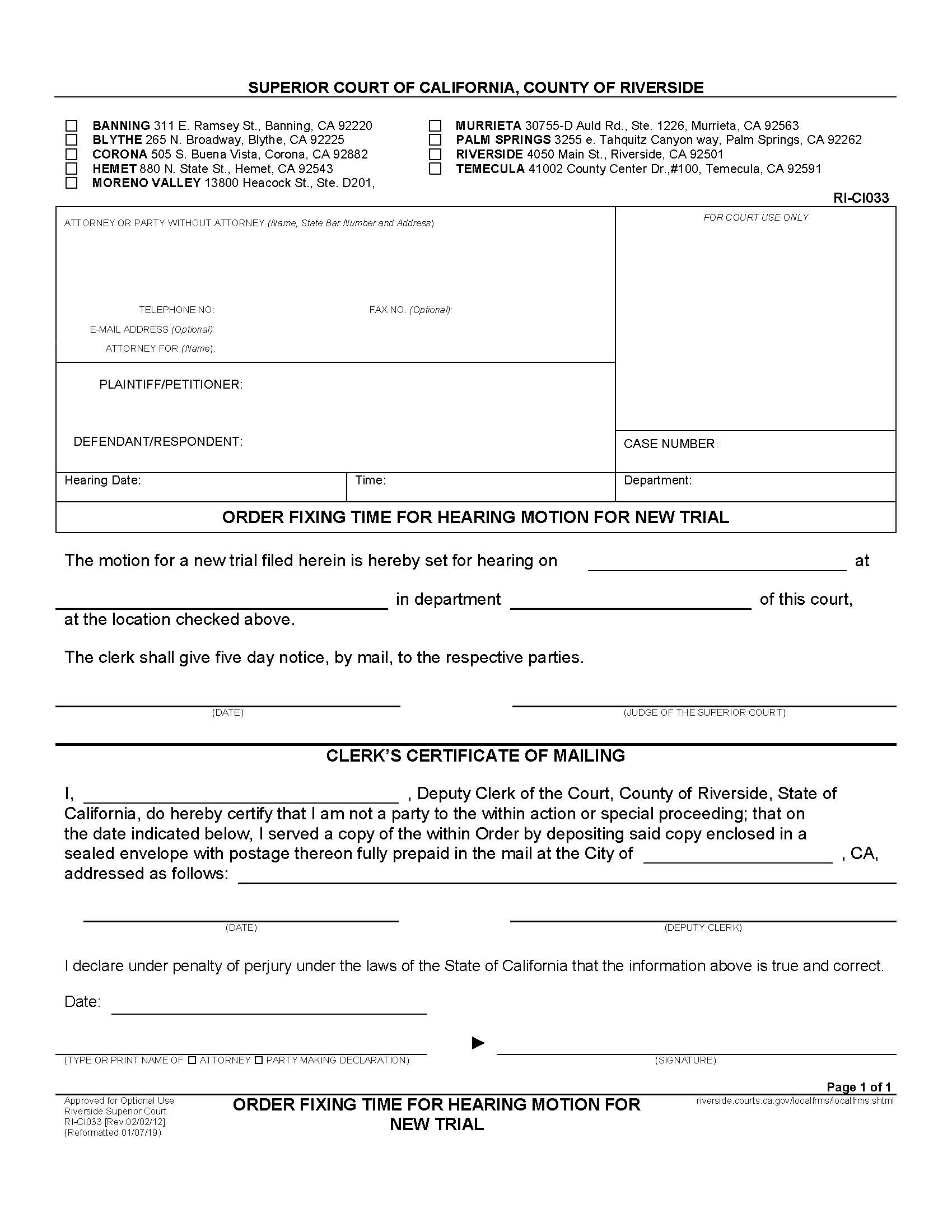 Order Fixing Time For Hearing Motion For New Trial {RI-CI033} | Pdf Fpdf Docx | California