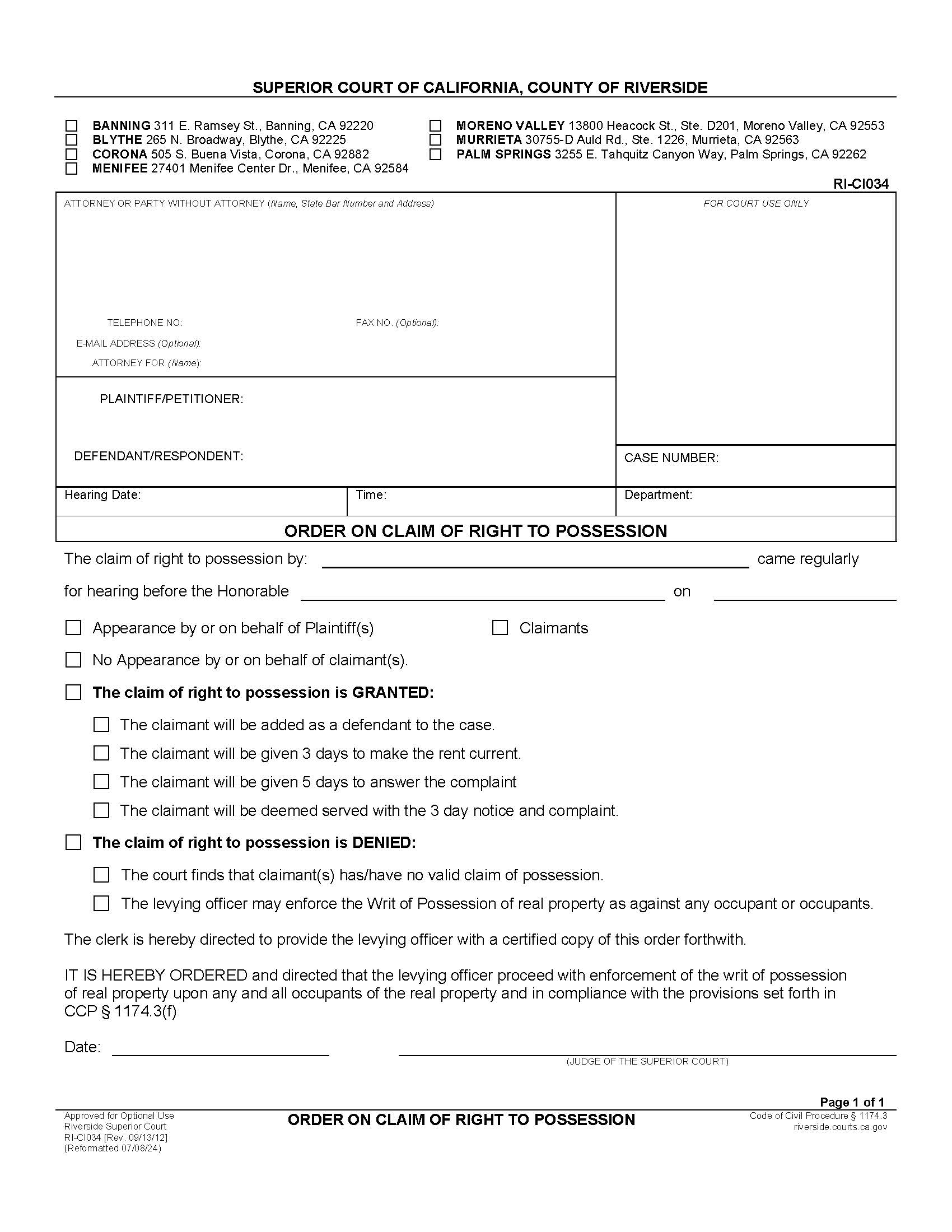 Order On Claim Of Right To Possession {RI-CI034} | Pdf Fpdf Docx | California
