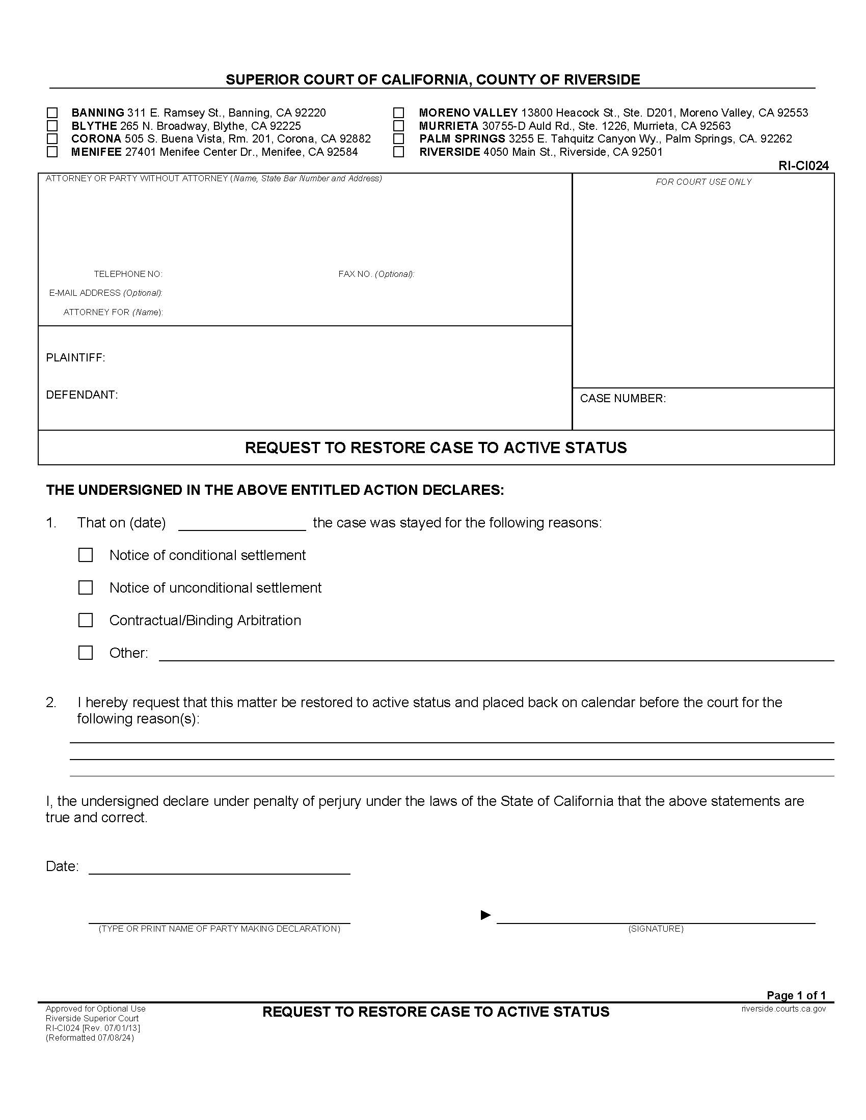 Request To Restore Case To Active Status {RI-CI024} | Pdf Fpdf Docx | California