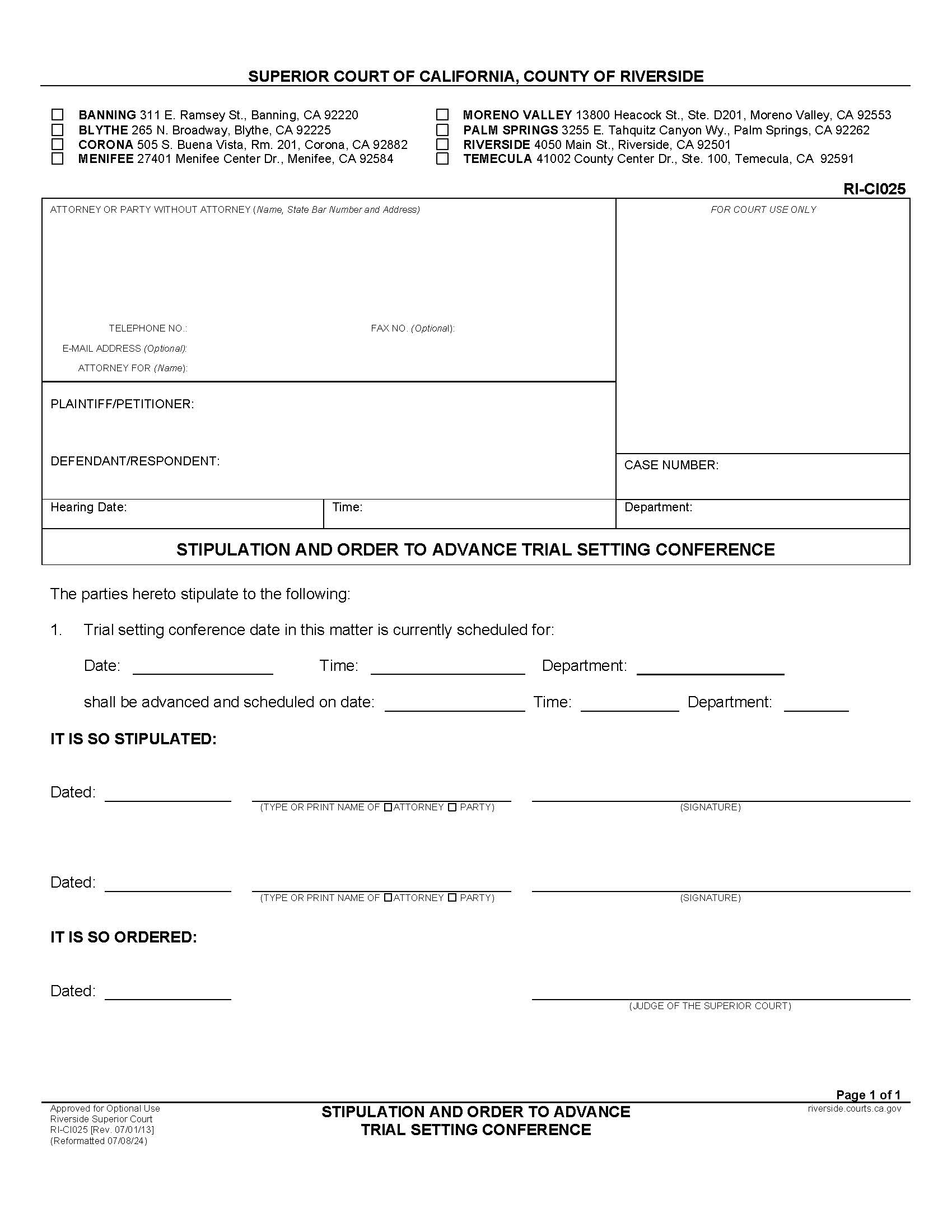 Stipulation And Order To Advance Trial Setting Conference {RI-CI025} | Pdf Fpdf Docx | California