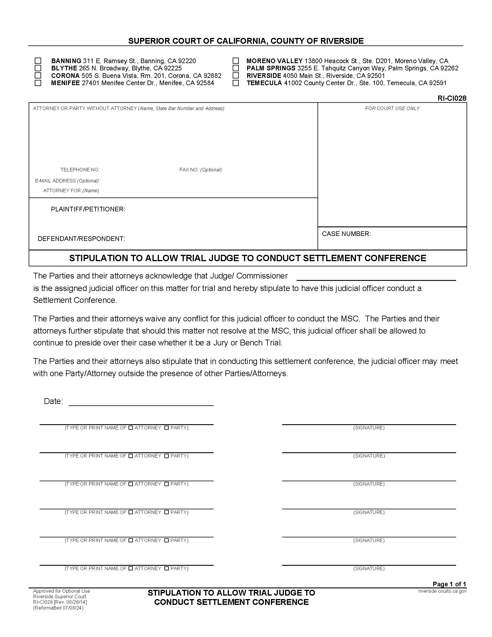 Stipulation To Allow Trial Judge To Conduct Settlement Conference {RI-CI028} | Pdf Fpdf Docx | California