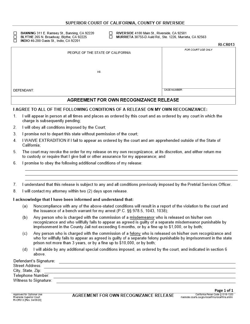 Agreement For Own Recognizance Release {RI-CR013} | Pdf Fpdf Doc Docx | California