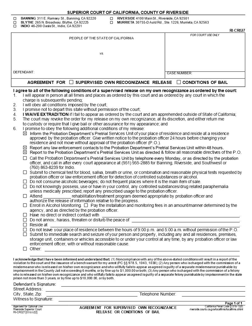 Agreement For Supervised Own Recognizance Release Or Conditions Of Bail {RI-CR027} | Pdf Fpdf Doc Docx | California