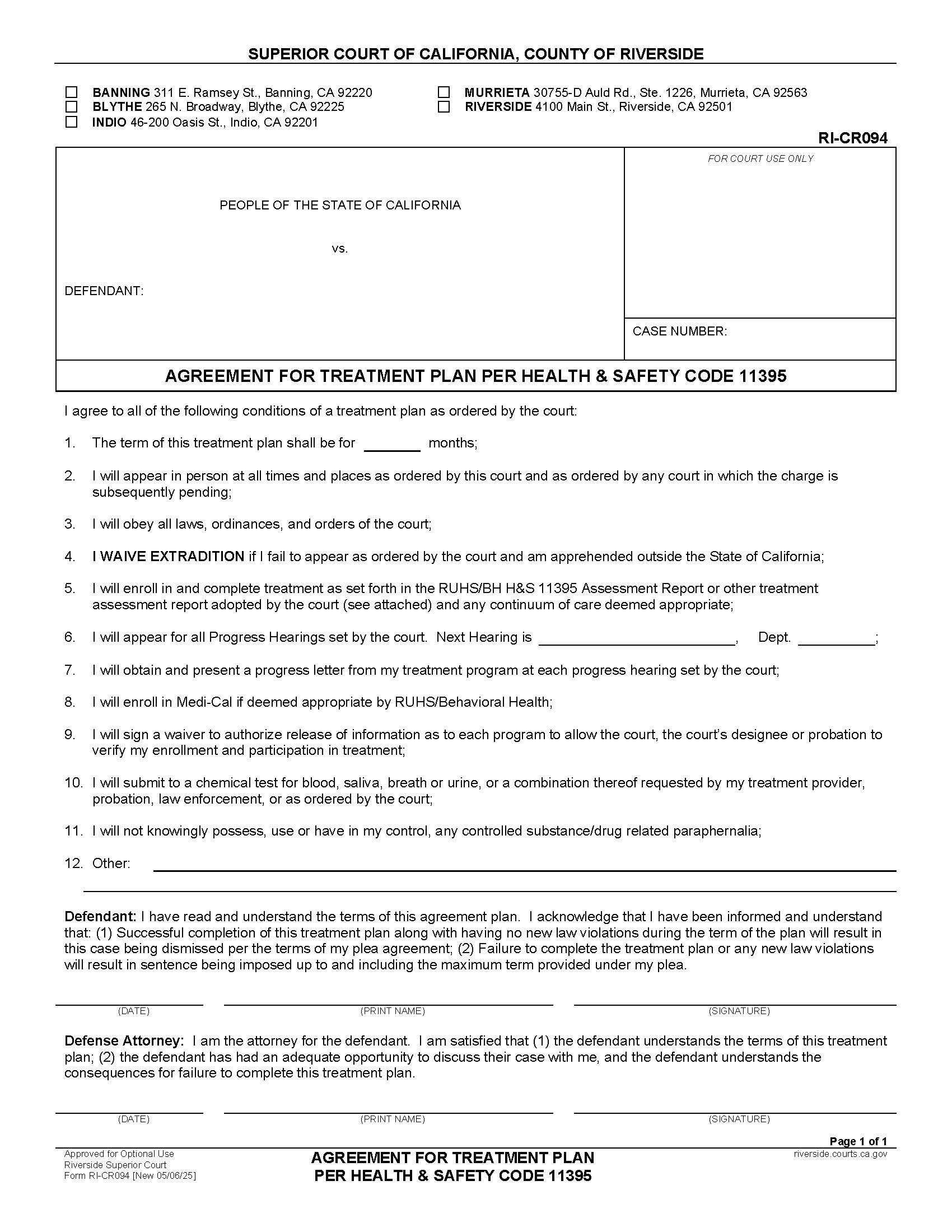 Agreement For Treatment Plan Per HS 11395 {RI-CR094} | Pdf Fpdf Docx | California