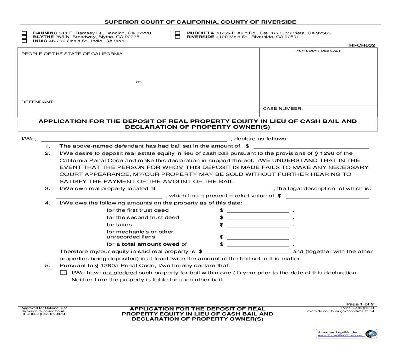 Application For The Deposit Of Real Property Equity In Lieu Of Cash Bail {RI-CR032} | Pdf Fpdf Doc Docx | California