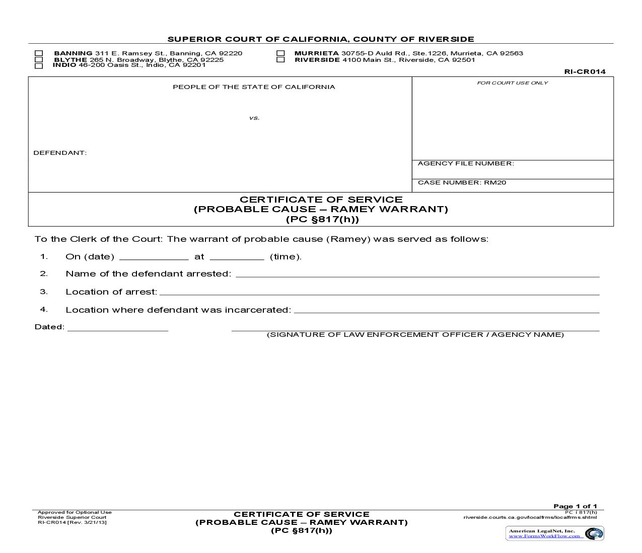 Certificate Of Service (Probable Cause-Ramey Warrant) {RI-CR014} | Pdf Fpdf Doc Docx | California