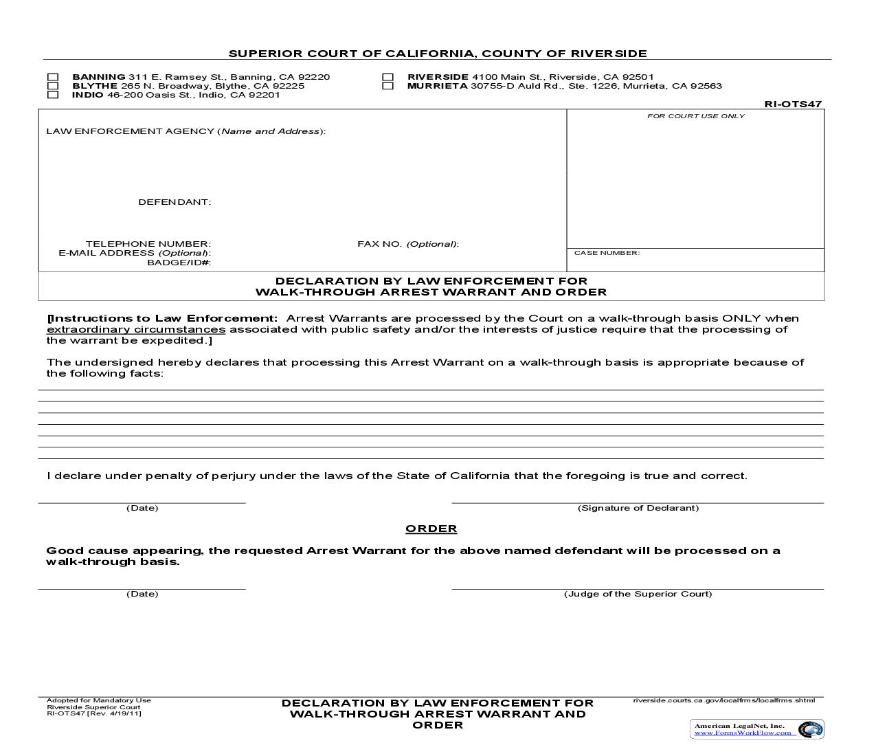 Declaration By Law Enforcement For Walk-Through Arrest Warrant And Order {RI-OTS47} | Pdf Fpdf Doc Docx | California