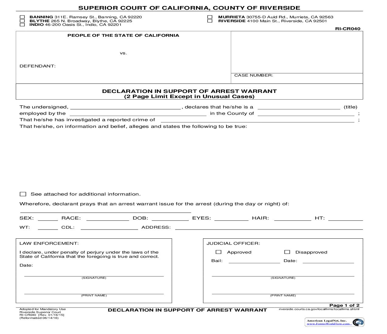 Declaration In Support Of Arrest Warrant {RI-CR040} | Pdf Fpdf Doc Docx | California