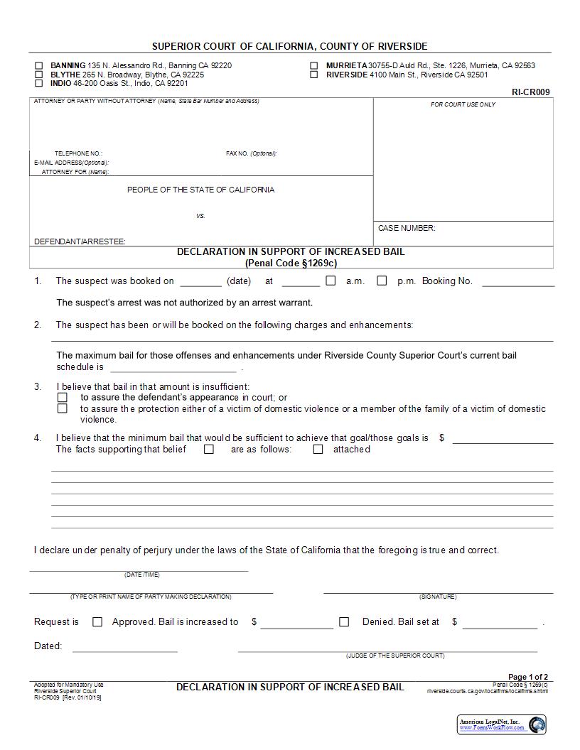 Declaration In Support Of Increased Bail {RI-CR009} | Pdf Fpdf Docx | California