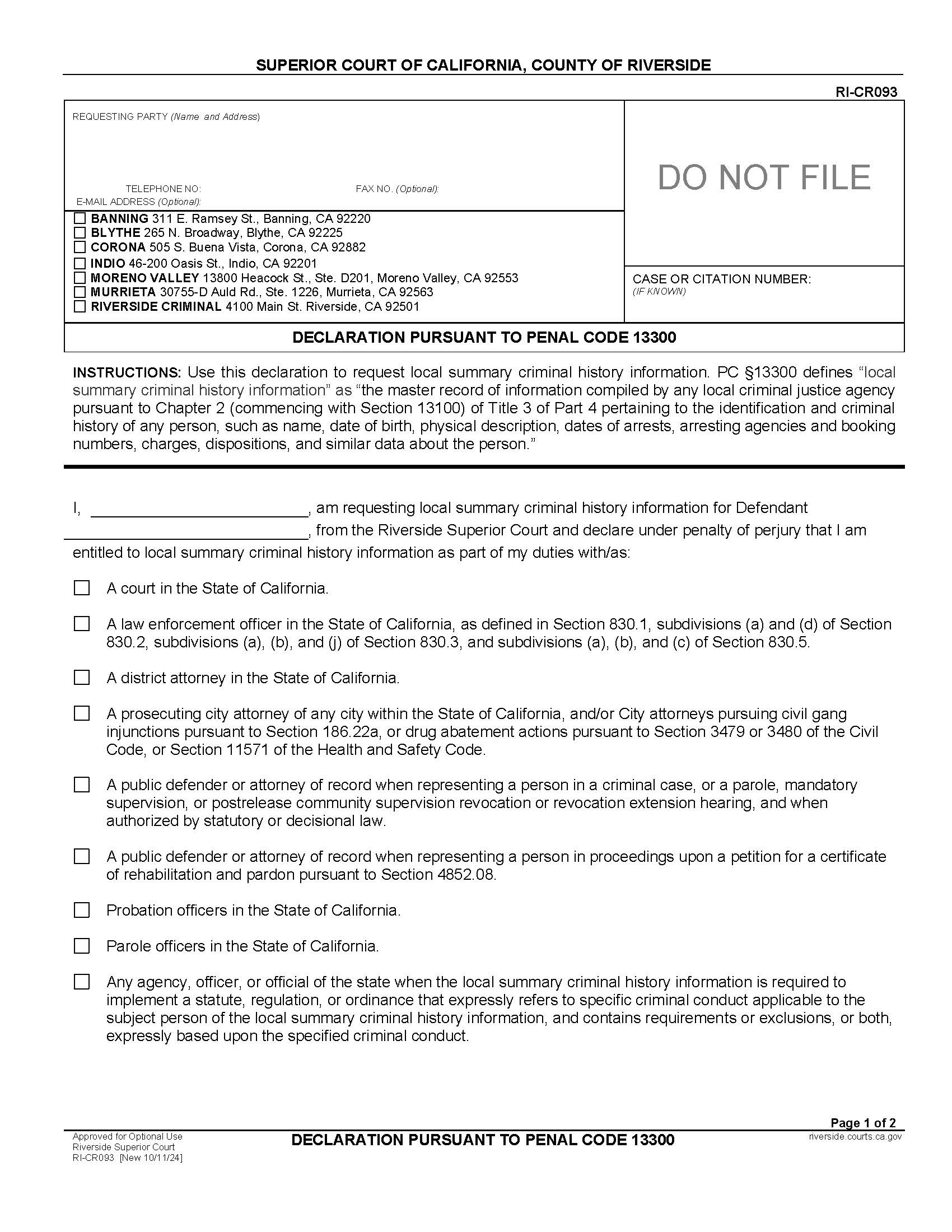 Declaration Pusuant To Penal Code 13300 {RI-CR093} | Pdf Fpdf Docx | California