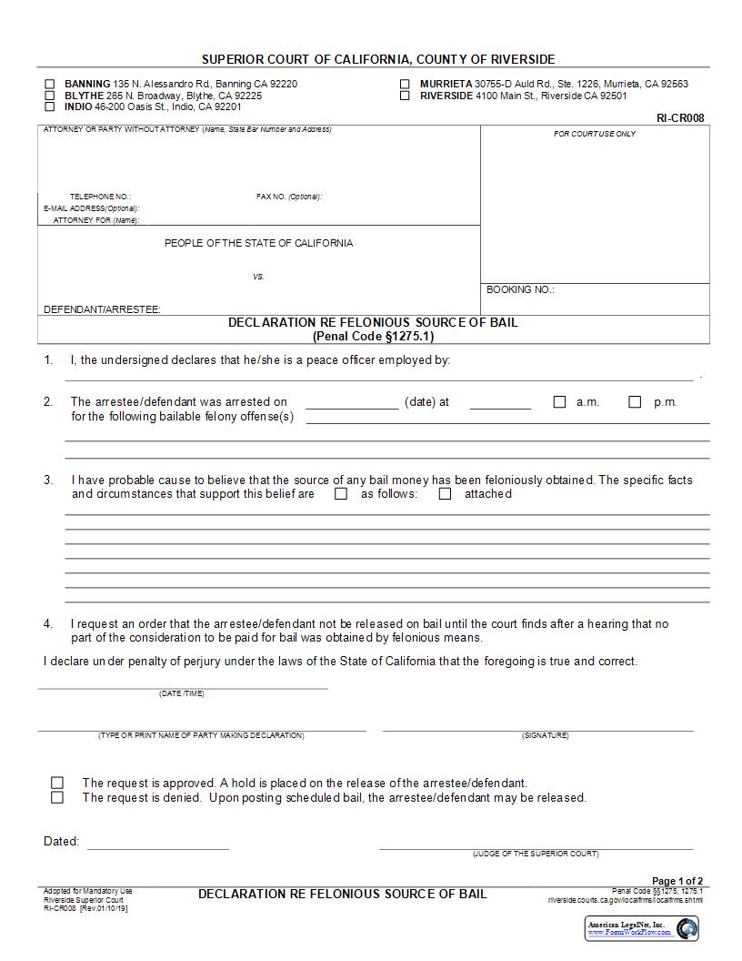 Declaration Re Felonious Source Of Bail {RI-CR008} | Pdf Fpdf Docx | California