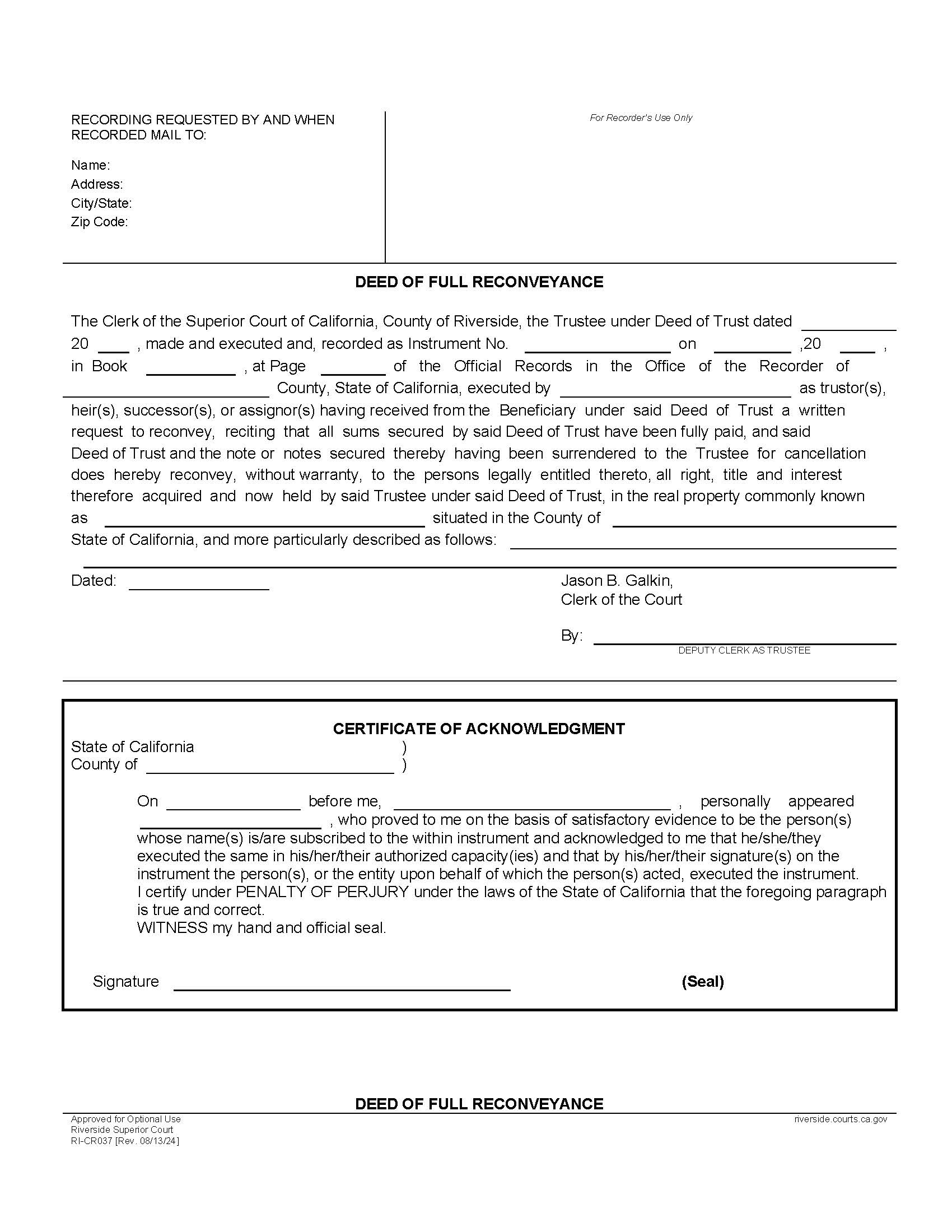 Deed Of Full Reconveyance {RI-CR037} | Pdf Fpdf Doc Docx | California