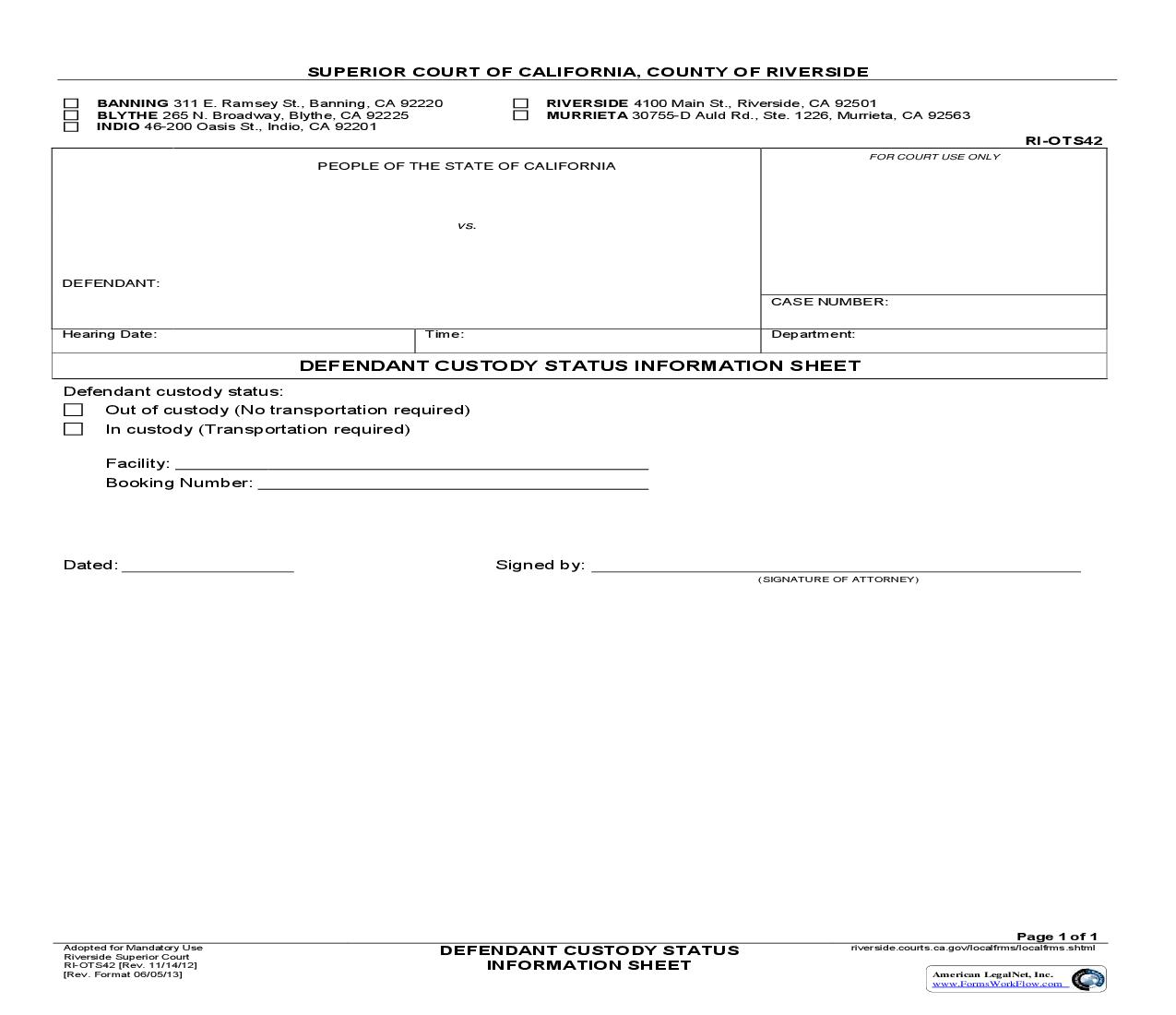Defendent Custody Information Sheet {RI-OTS42} | Pdf Fpdf Doc Docx | California