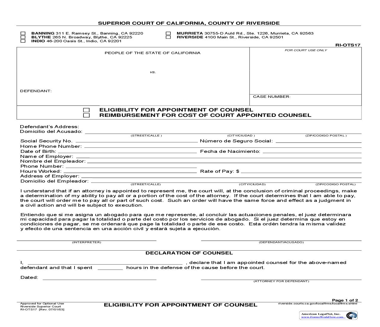 Eligibility For Appointment Of Counsel Reimbursement For Cost Of Court Appointed Counsel {RI-OTS17} | Pdf Fpdf Doc Docx | California