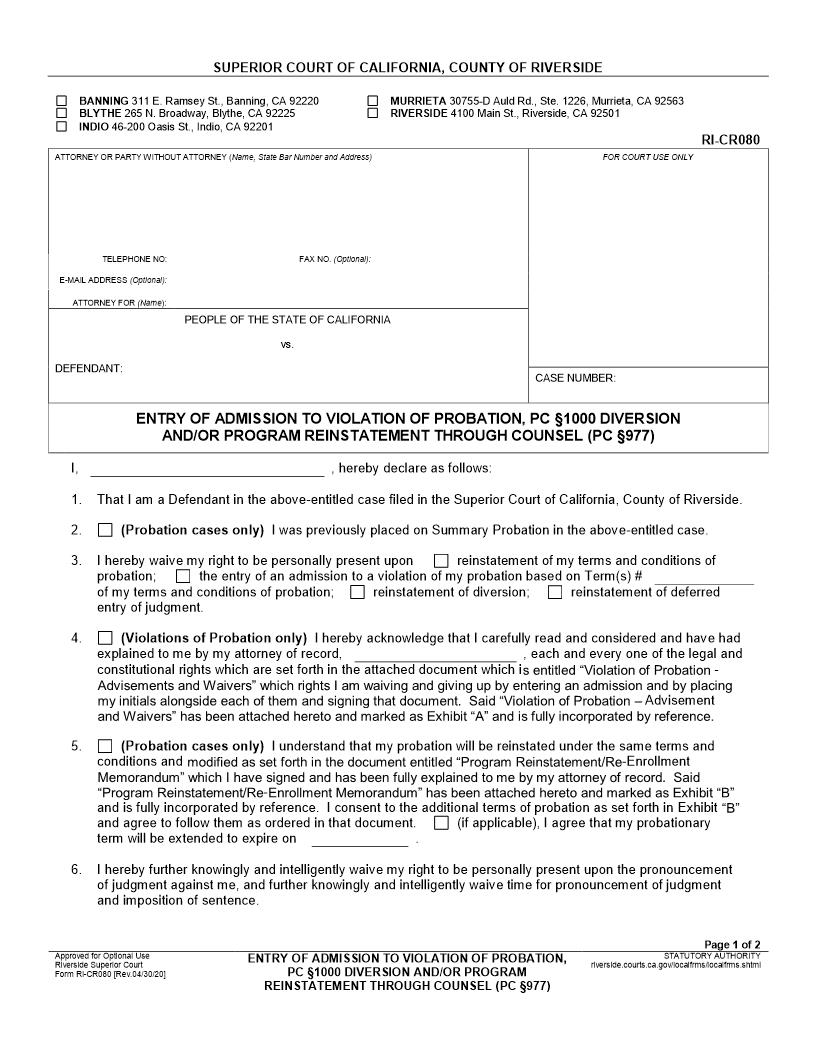 Entry Of Admission To Violation Of Probation PC 1000 Diversion {RI-CR080} | Pdf Fpdf Docx | California