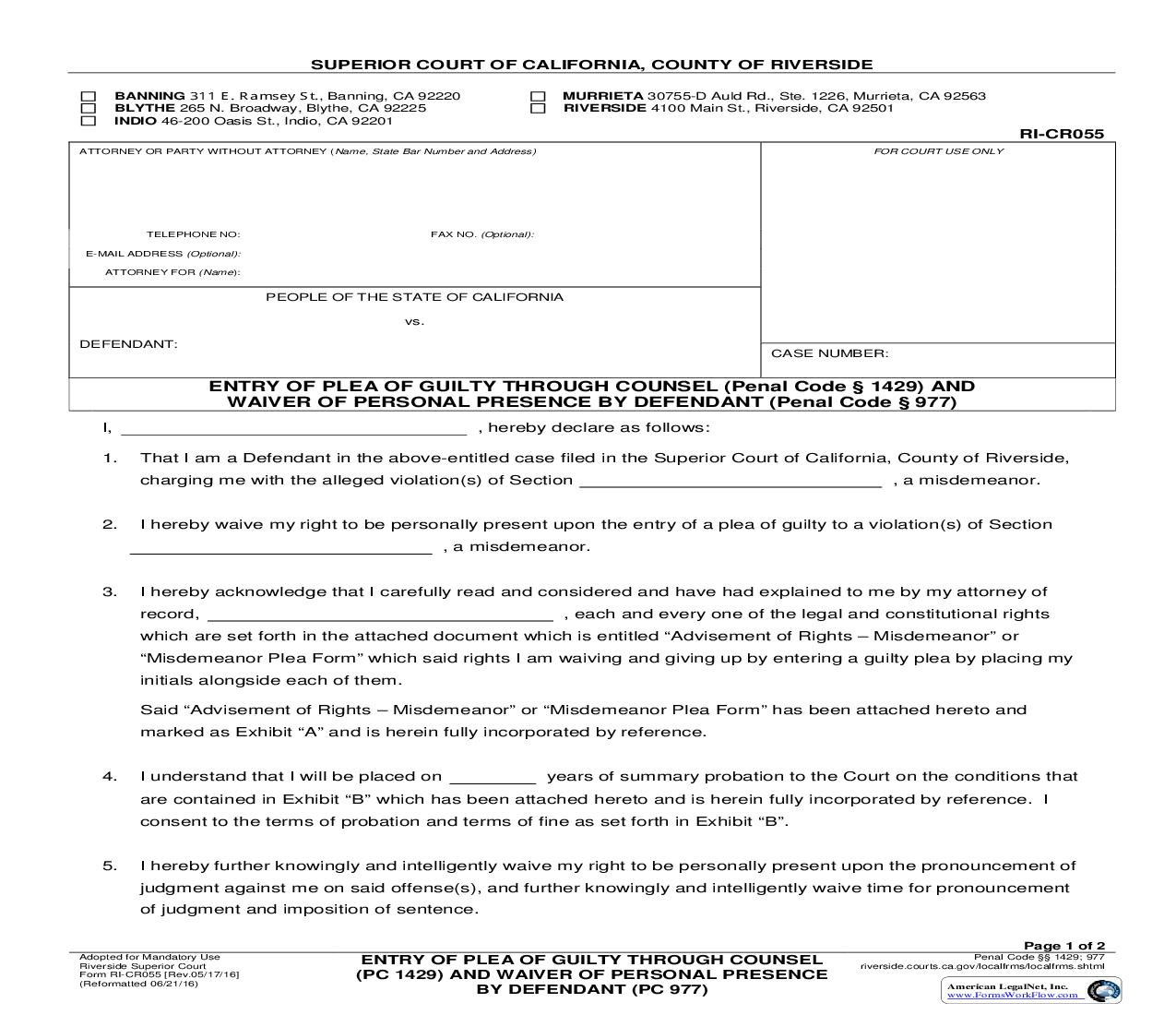 Entry Of Plea Of Guilty Through Counsel (PC 1429) And Waiver {RI-CR055} | Pdf Fpdf Doc Docx | California