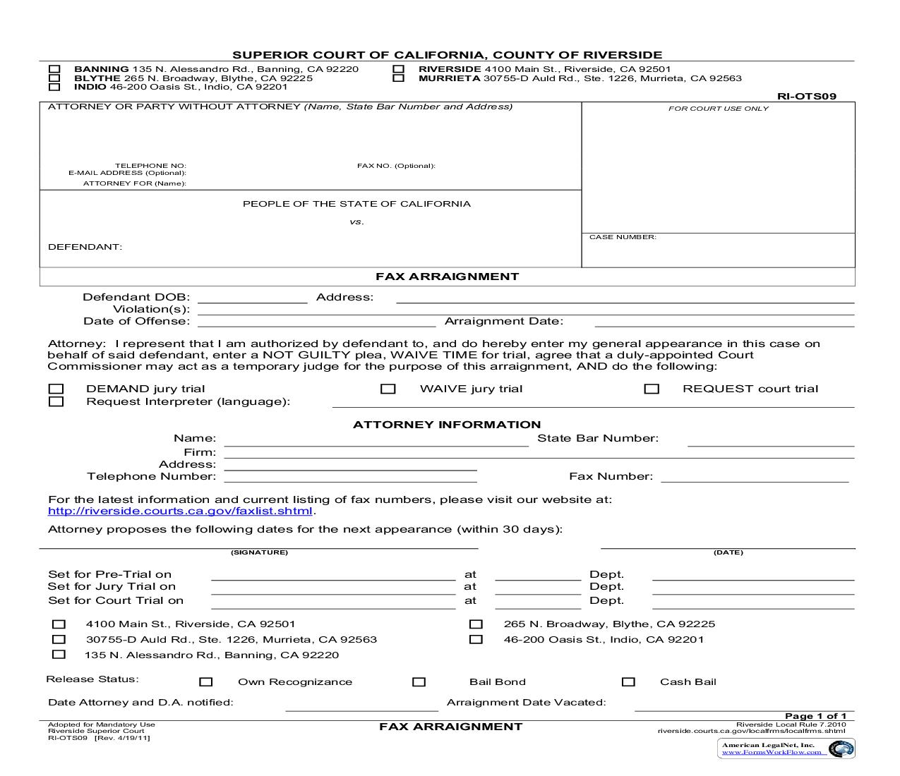 Fax Arraignment {RI-OTS09} | Pdf Fpdf Doc Docx | California