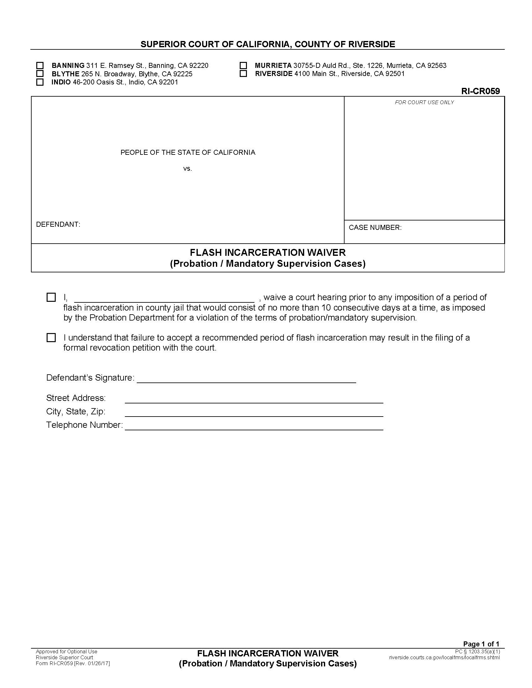 Flash Incarceration Waiver {RI-CR059} | Pdf Fpdf Doc Docx | California