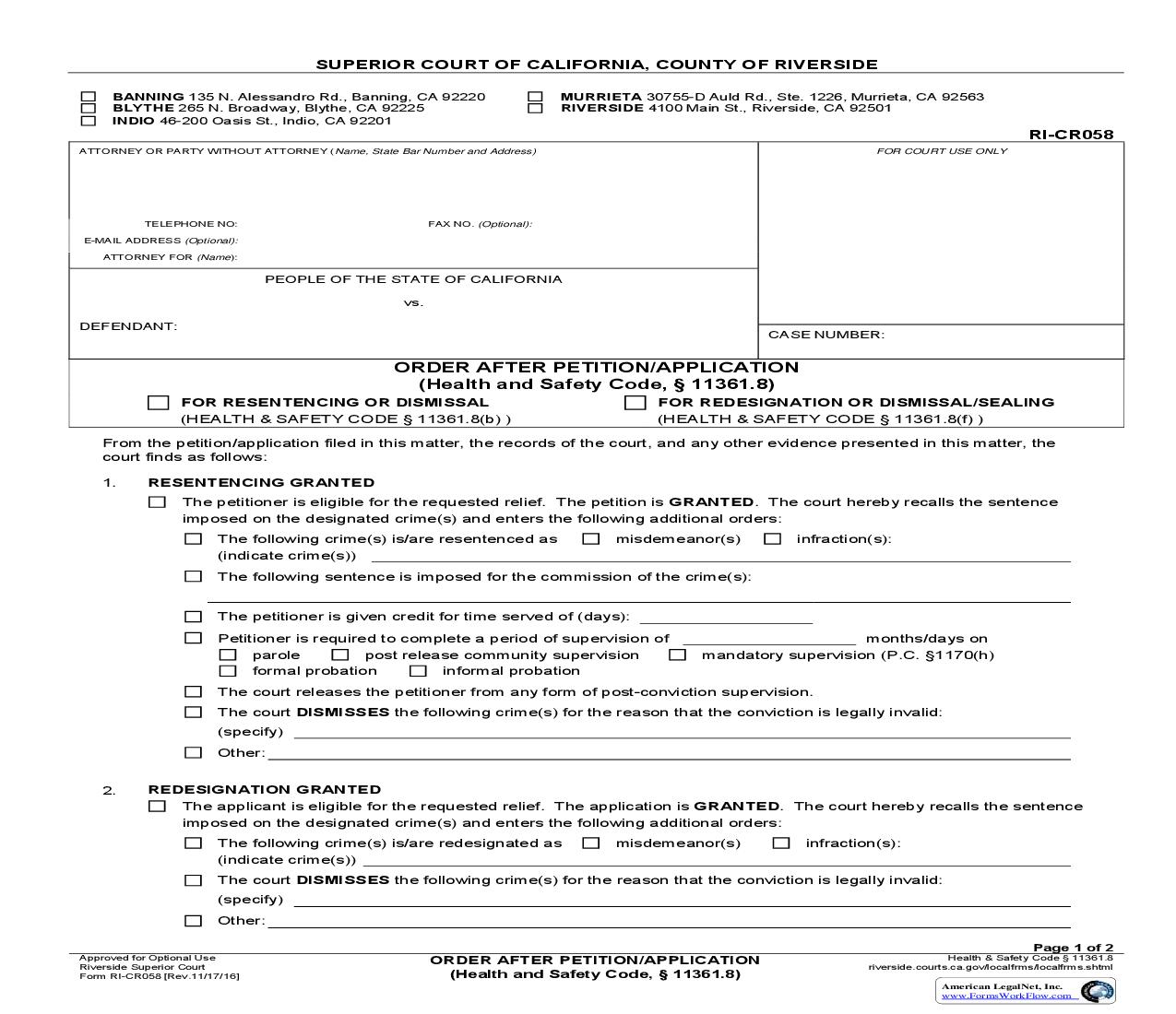 Order After Petition-Application (Health And Safety Code 11361.8) {RI-CR058} | Pdf Fpdf Doc Docx | California