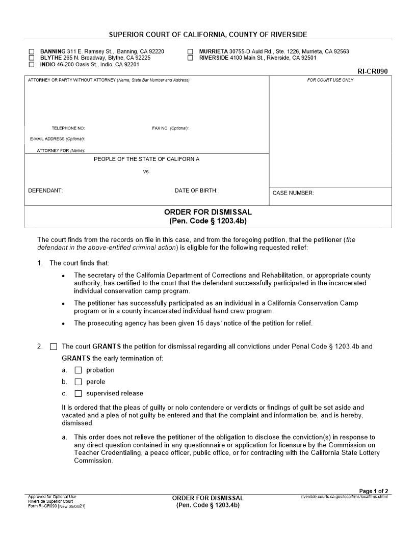 Order For Dismissal {RI-CR090} | Pdf Fpdf Docx | California
