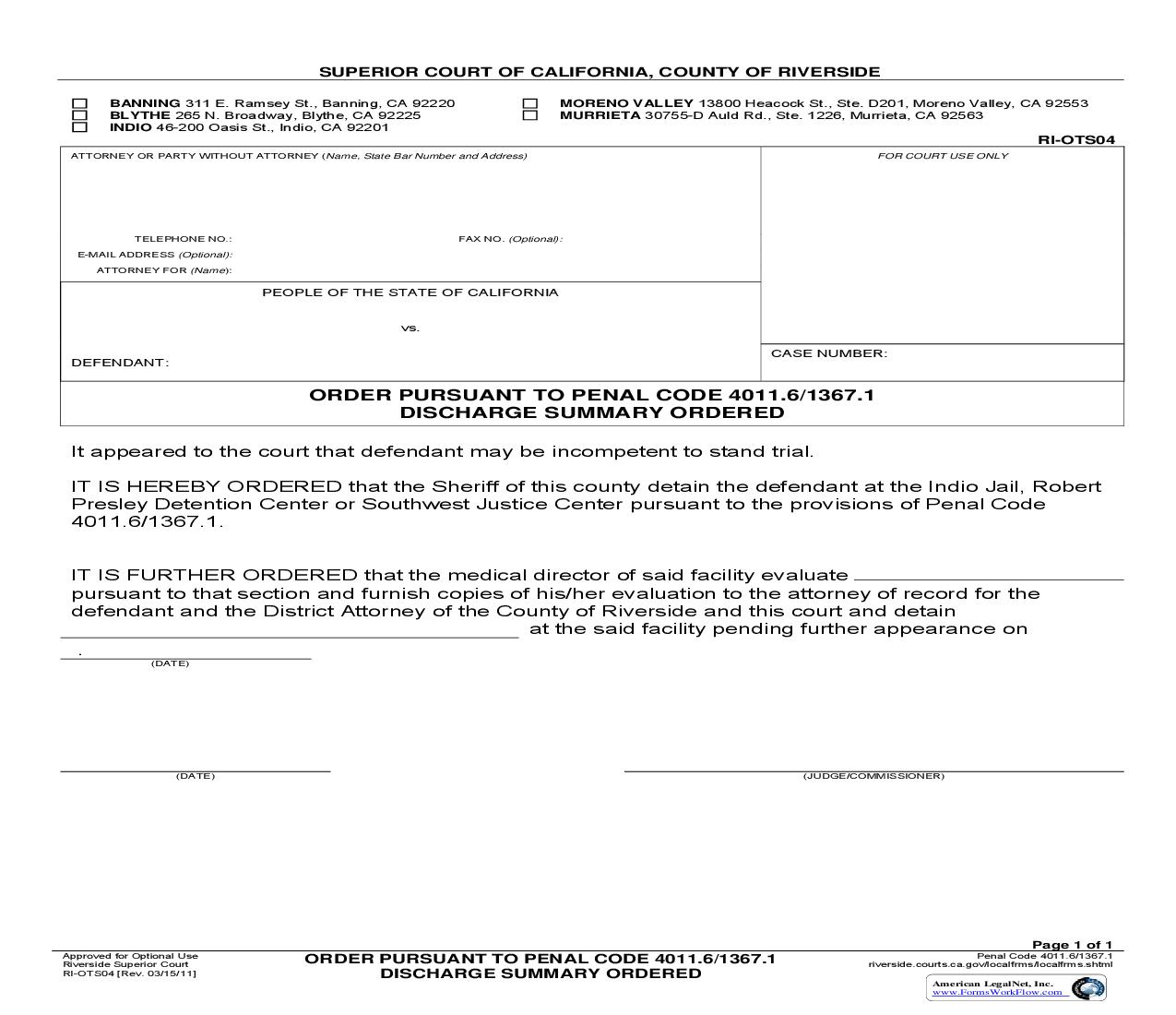 Order Pursuant To Penal Code 4011.6 - 1367.1 Discharge Summary Ordered {RI-OTS04} | Pdf Fpdf Doc Docx | California