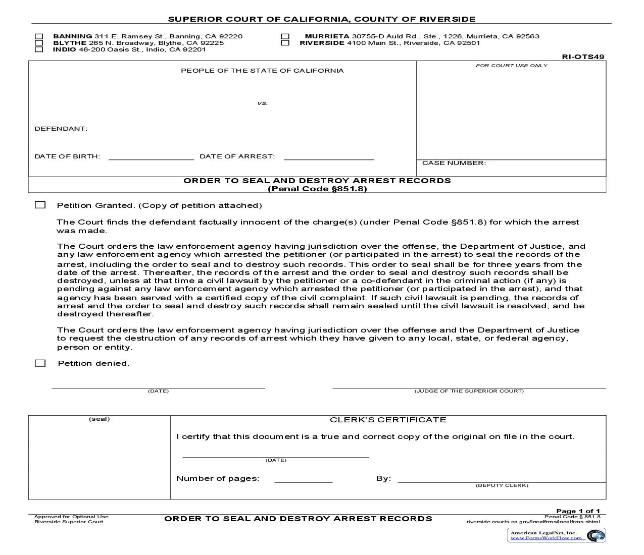 Order To Seal And Destroy Arrest Records {RI-OTS49} | Pdf Fpdf Doc Docx | California