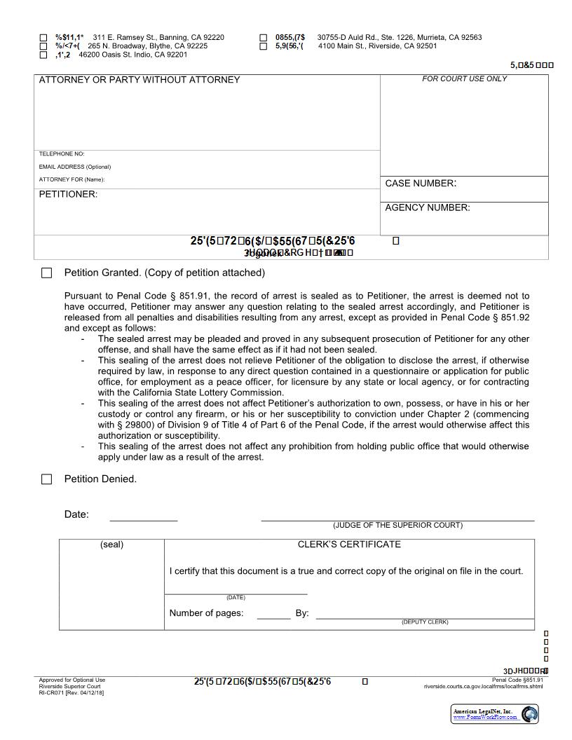 Order To Seal Arrest Records {RI-CR071} | Pdf Fpdf Docx | California