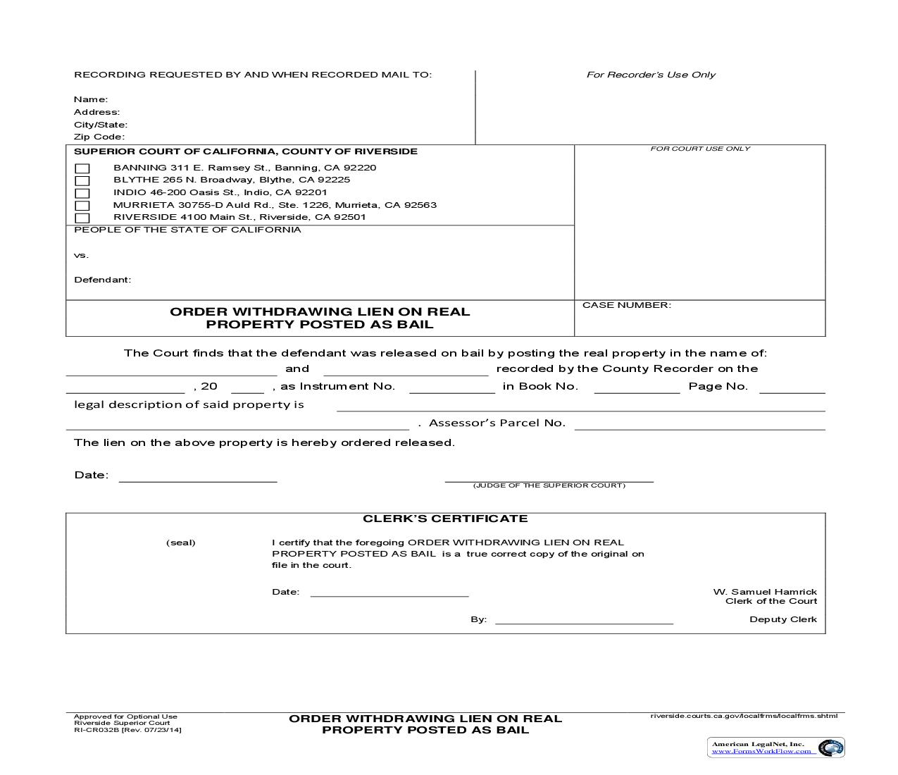 Order Withdrawing Lien On Real Property Posted As Bail {RI-CR032B} | Pdf Fpdf Doc Docx | California