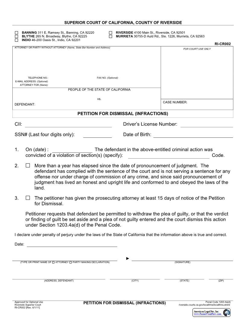 Petition For Dismissal (Infractions) {RI-CR002} | Pdf Fpdf Docx | California