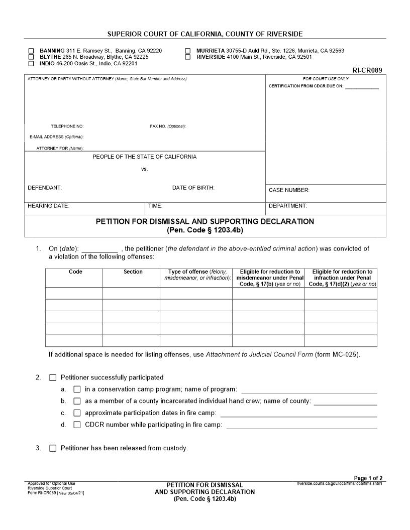 Petition For Dismissal And Supporting Declaration (PC 1203.4b) {RI-CR089} | Pdf Fpdf Docx | California