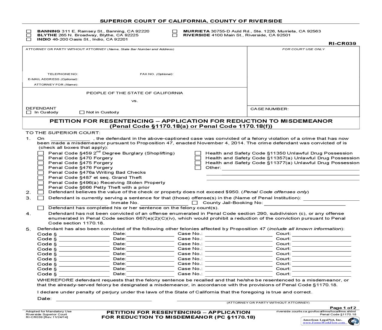 Petition For Resentencing-Application For Reduction To Misdemeanor {RI-CR039} | Pdf Fpdf Doc Docx | California