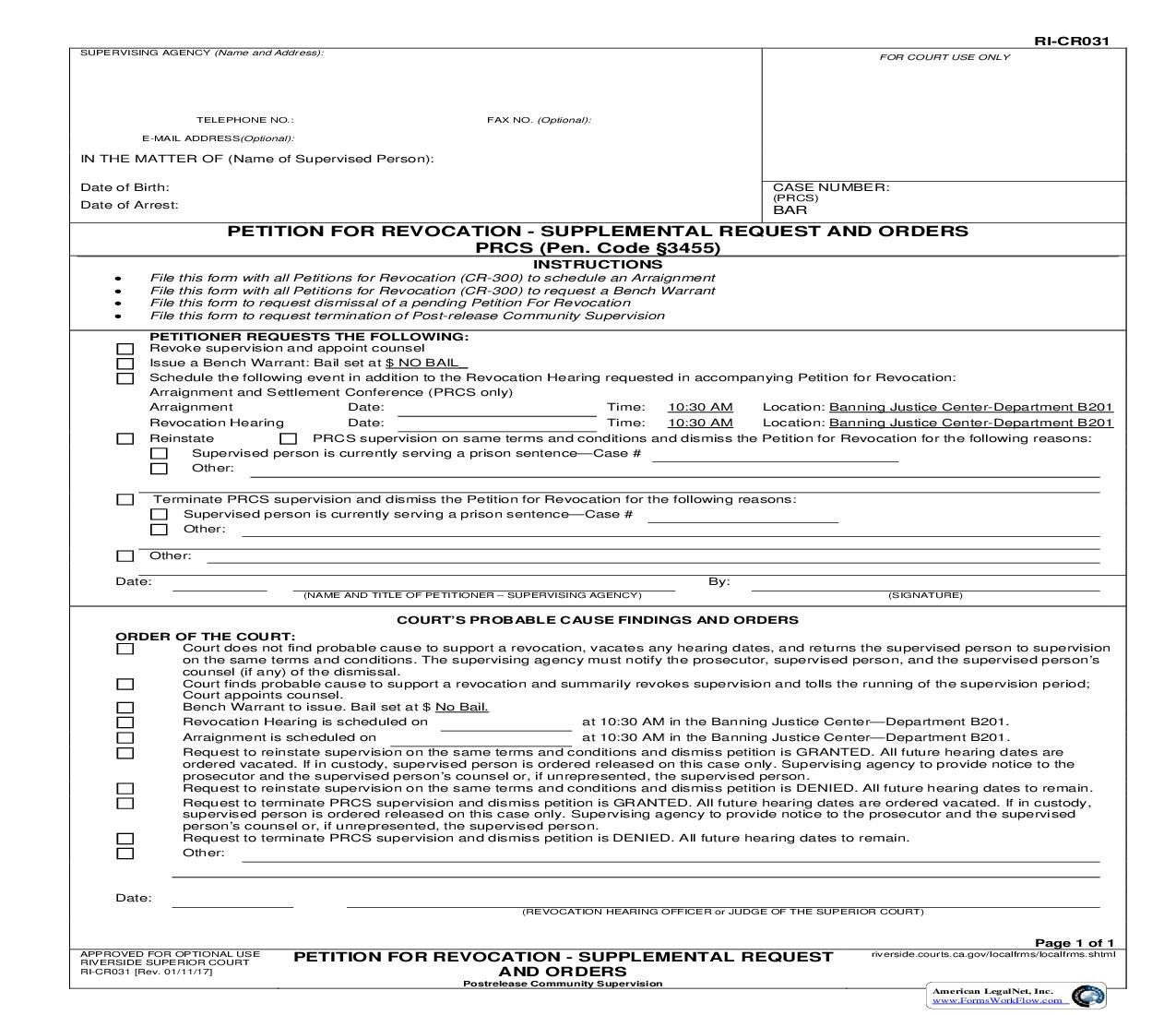 Petition For Revocation-Supplemental Request And Orders {RI-CR031} | Pdf Fpdf Doc Docx | California