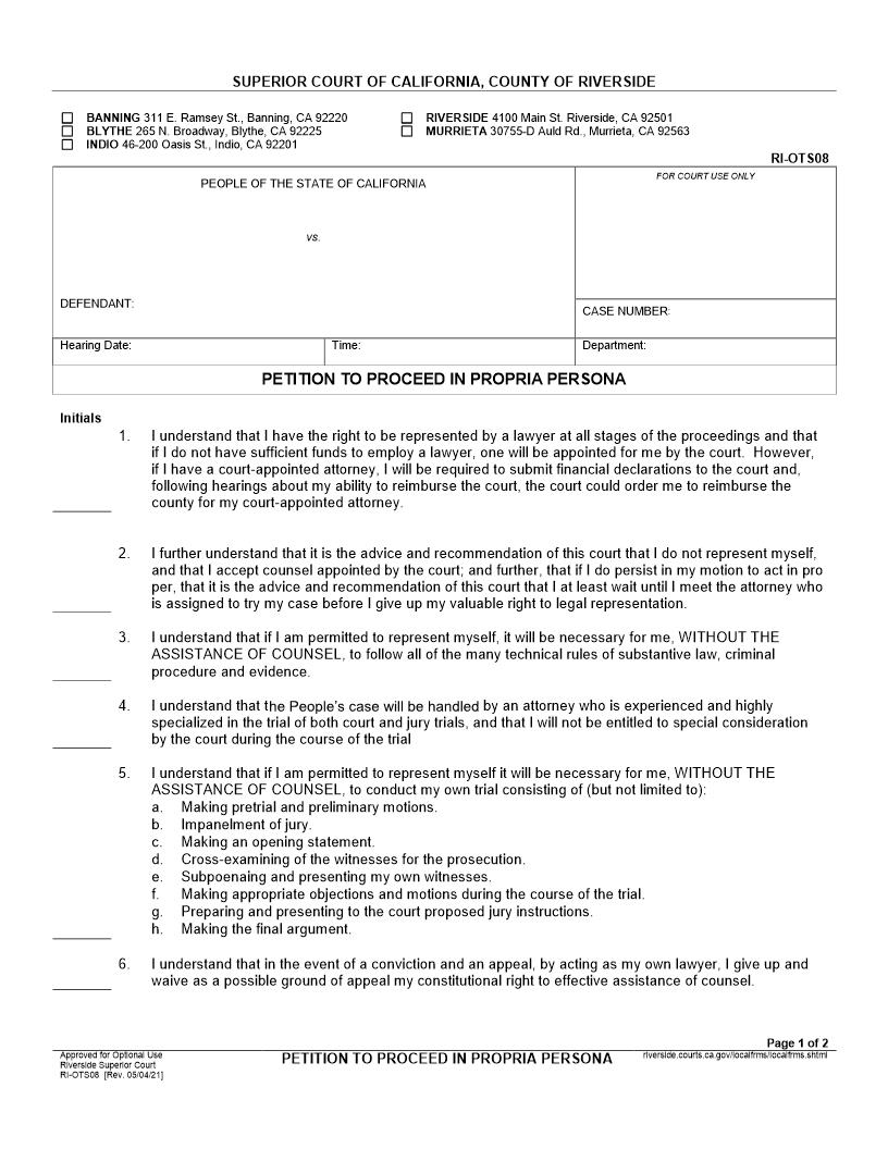 Petition To Proceed In Propria Persona {RI-OTS08} | Pdf Fpdf Docx | California