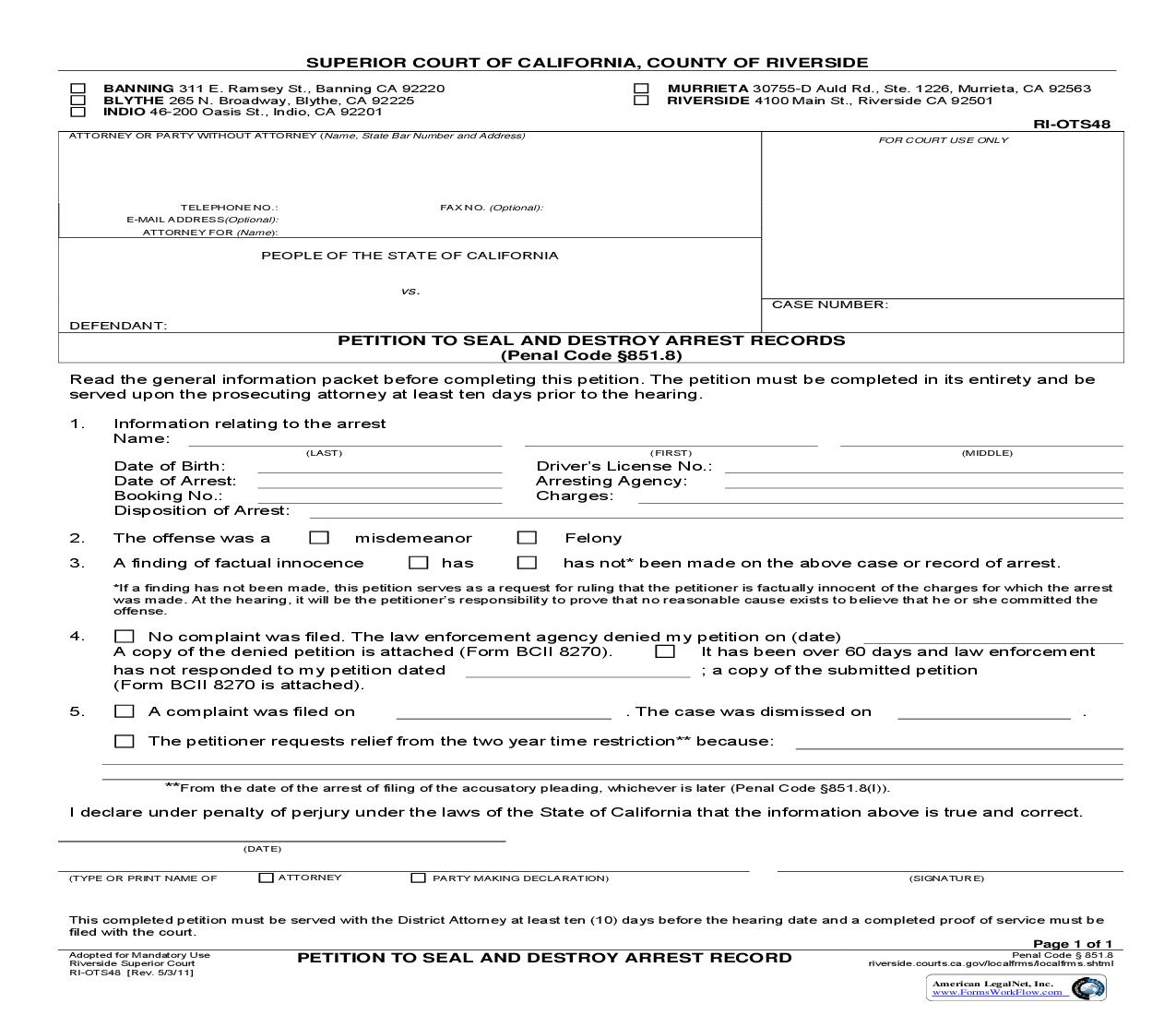 Petition To Seal And Destroy Arrest Record {RI-OTS48} | Pdf Fpdf Doc Docx | California