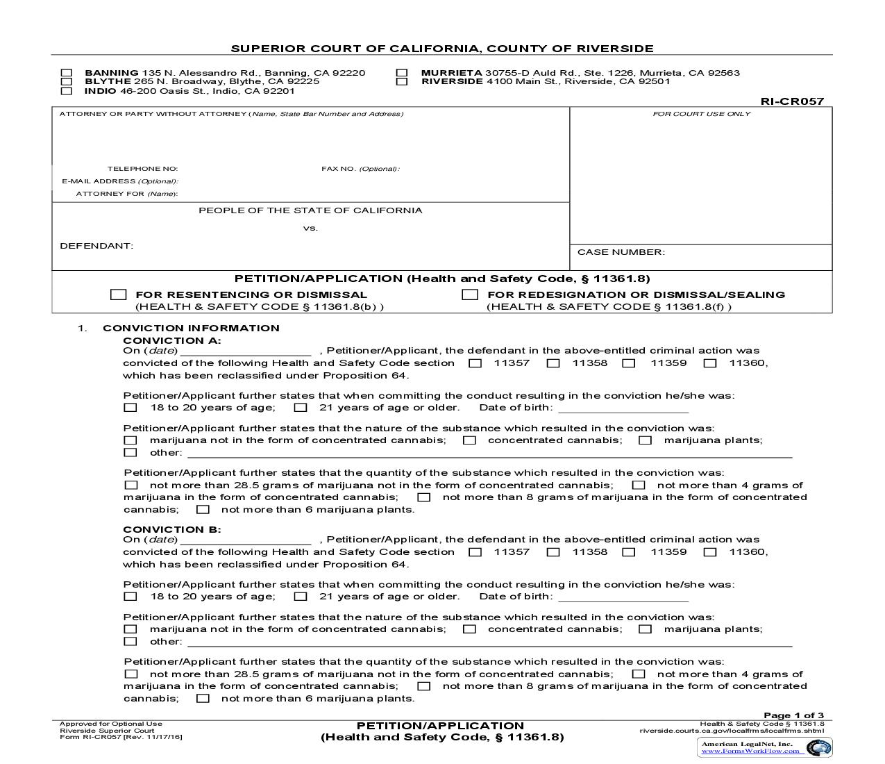 Petition-Application (Health And Safety Code 11361.8) {RI-CR057} | Pdf Fpdf Doc Docx | California