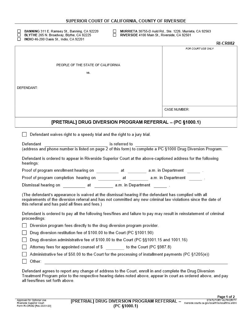 Pretrial Drug Diversion Program Referral {RI-CR082} | Pdf Fpdf Docx | California