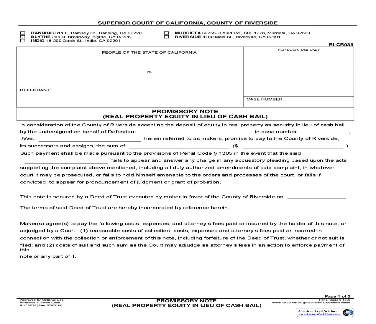 Promissory Note (Real Property Equity In Lieu Of Cash Bail) {RI-CR035} | Pdf Fpdf Doc Docx | California