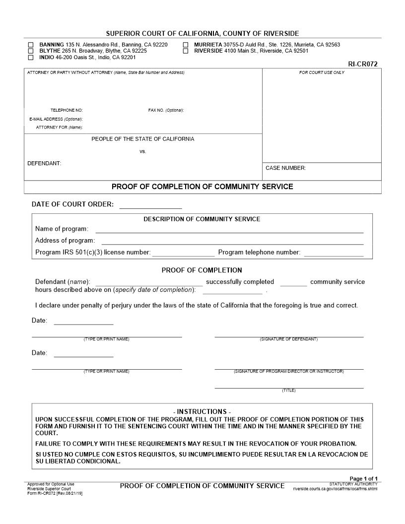 Proof Of Completion Of Community Service {RI-CR072} | Pdf Fpdf Docx | California