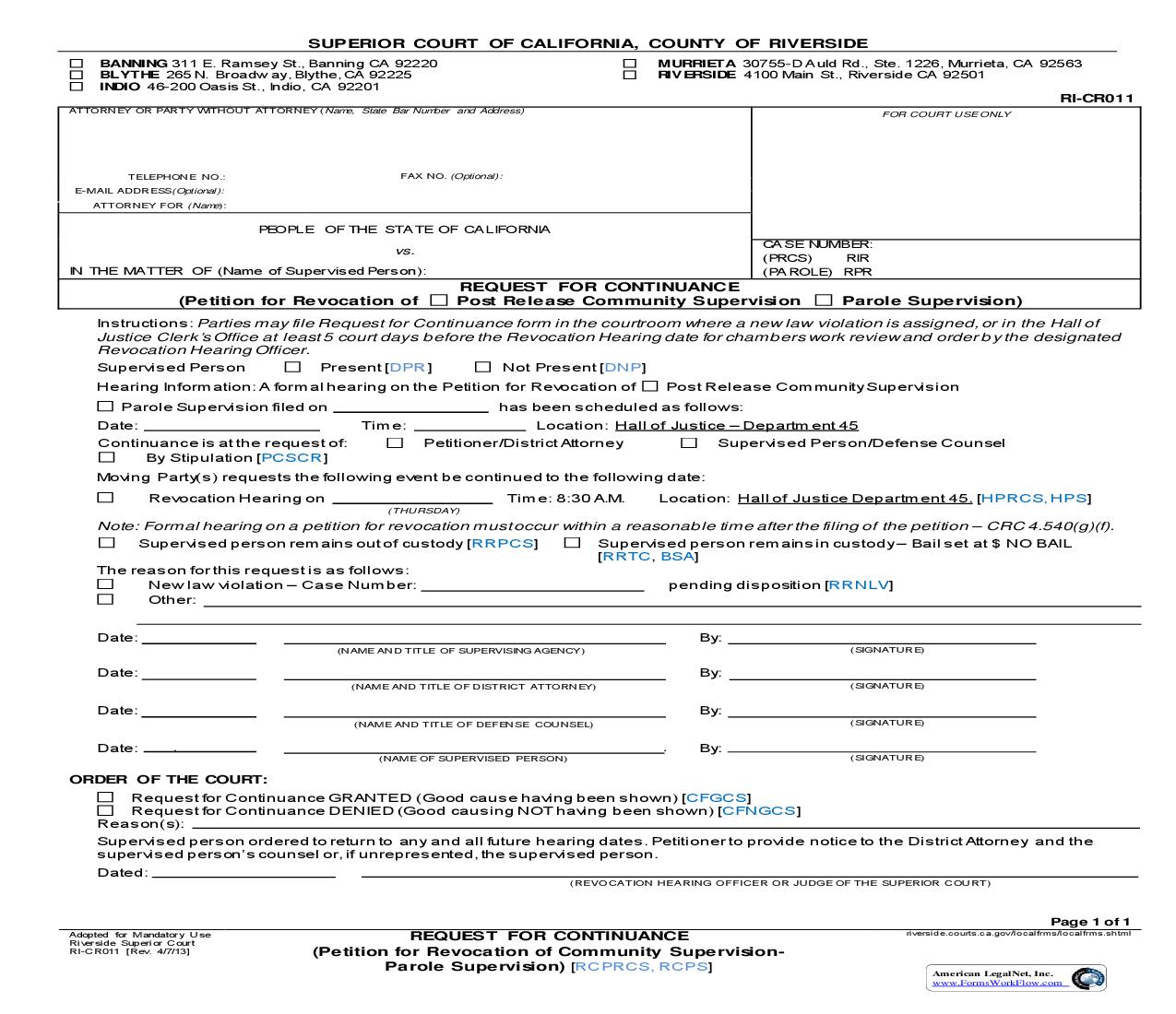 Request For Continuance (Petition For Revocation Of Community Supervision) {RI-CR011} | Pdf Fpdf Doc Docx | California