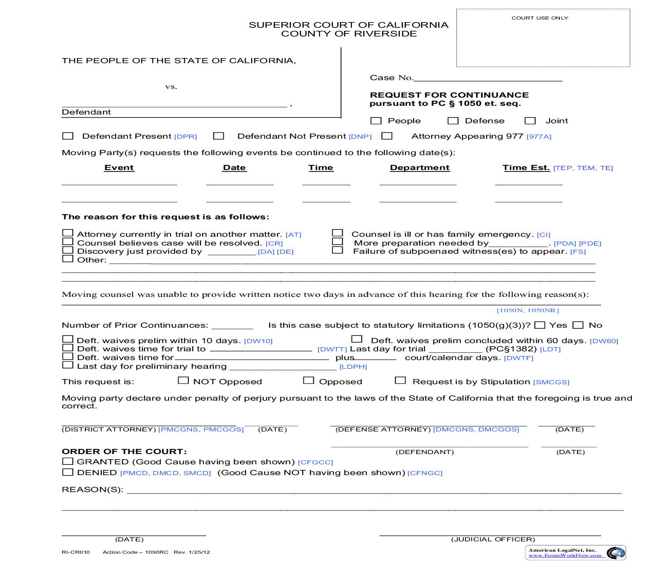 Request For Continuance Pursuant To PC 1050 {RI-CR010} | Pdf Fpdf Doc Docx | California