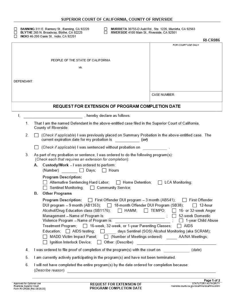 Request For Extension Of Program Completion Date {RI-CR086} | Pdf Fpdf Docx | California