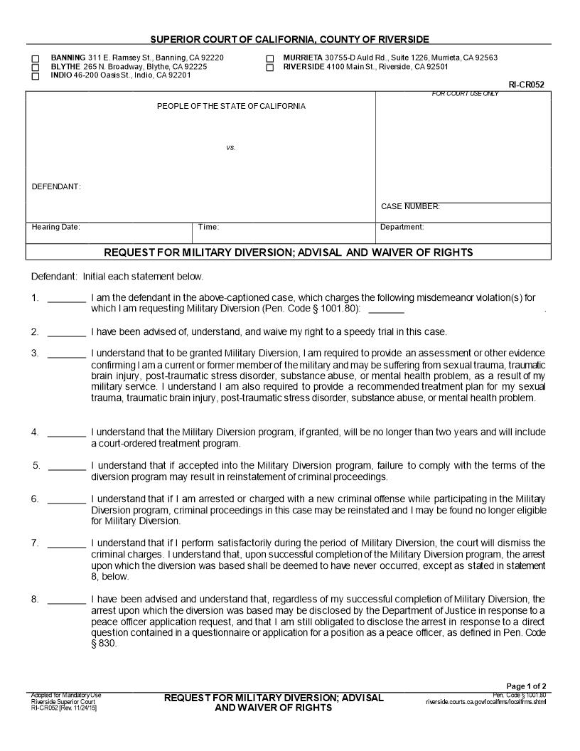 Request For Military Diversion-Advisal And Waiver Of Rights {RI-CR052} | Pdf Fpdf Doc Docx | California
