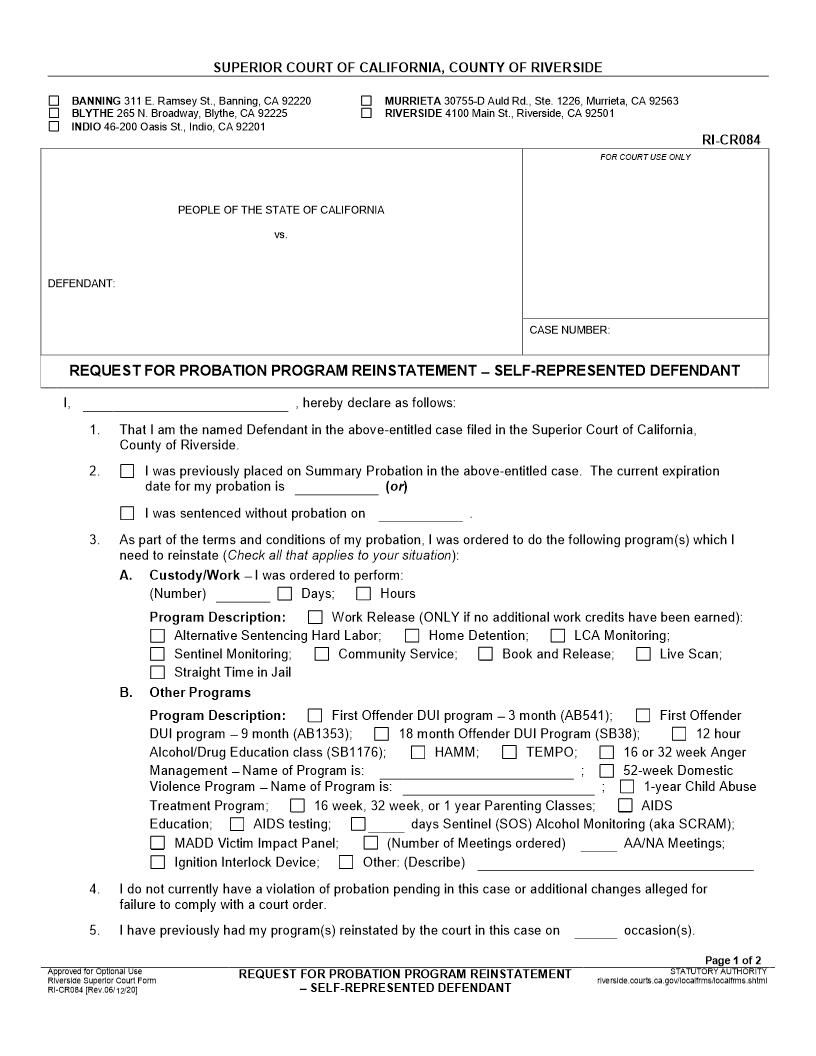 Request For Probation Program Reinstatement-Self-Represented Defendant {RI-CR084} | Pdf Fpdf Docx | California