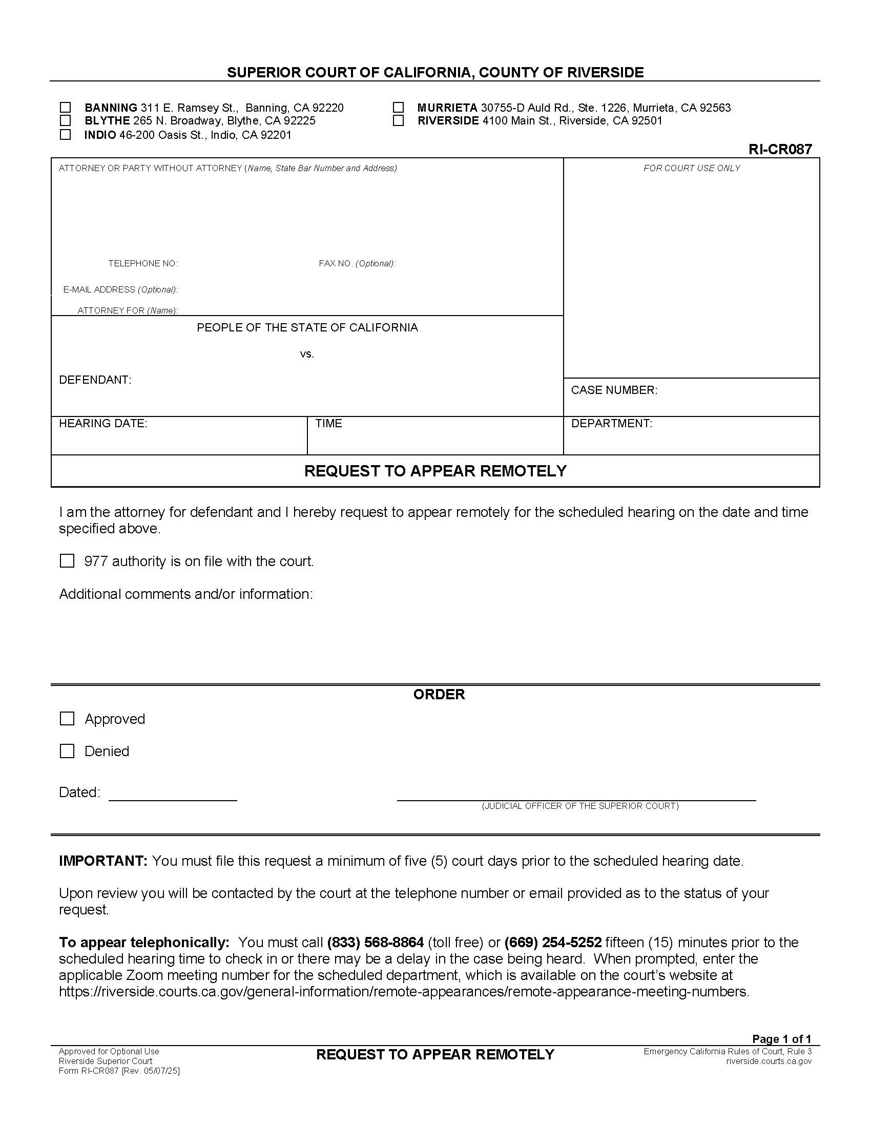 Request To Appear Remotely (Criminal) {RI-CR087} | Pdf Fpdf Docx | California