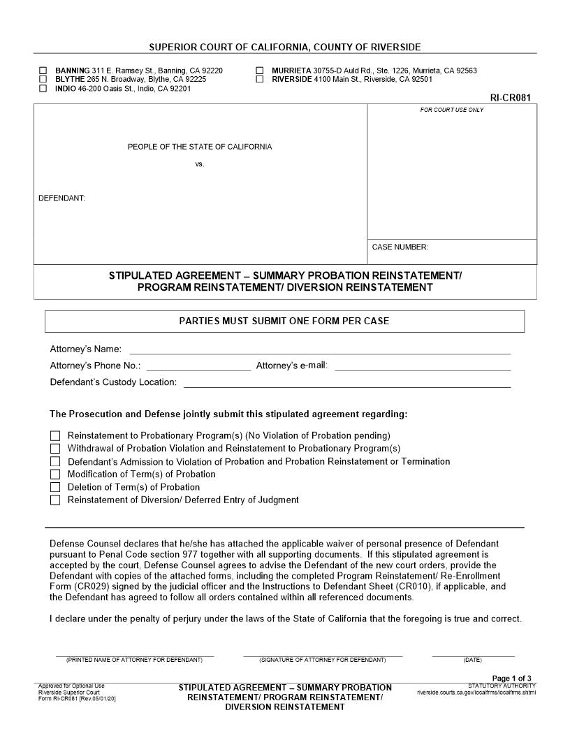 Stipulated Agreement-Summary Probation Reinstatement-Program Reinstatement-Diversion Reinstatement {RI-CR081} | Pdf Fpdf Docx | California