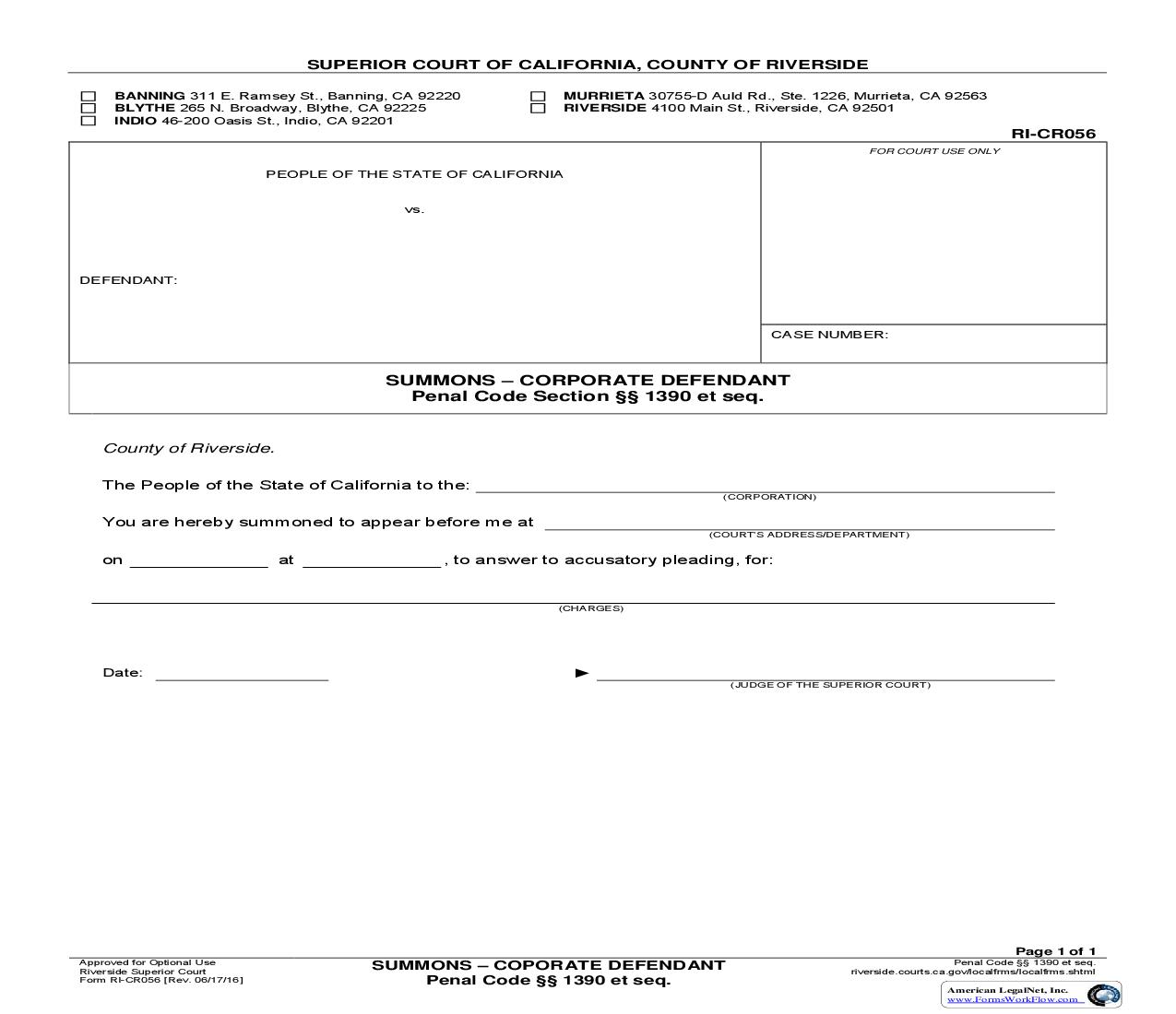 Summons-Corporate Defendant {RI-CR056} | Pdf Fpdf Doc Docx | California