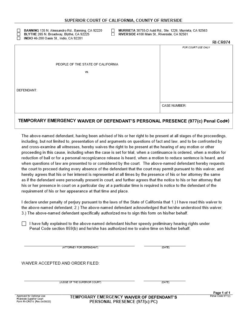 Temporary Emergency Waiver Of Defendents Personal Presense {RI-CR074} | Pdf Fpdf Docx | California