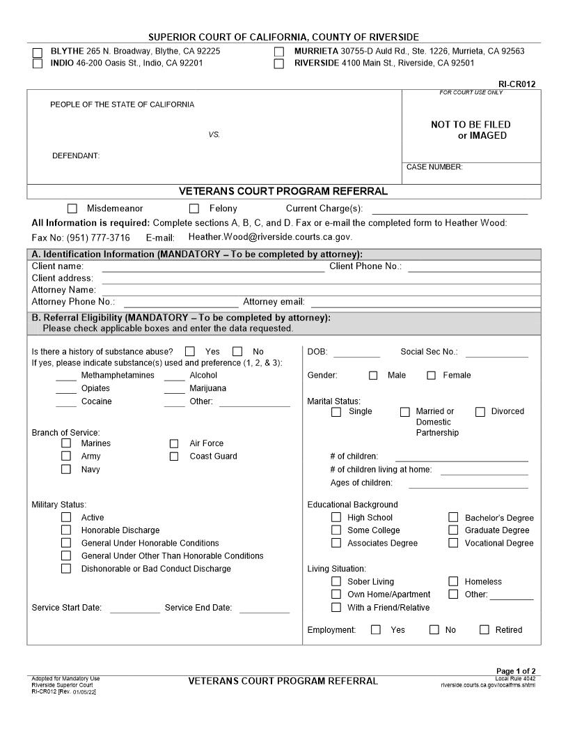 Veterans Court Program Referral {RI-CR012} | Pdf Fpdf Doc Docx | California