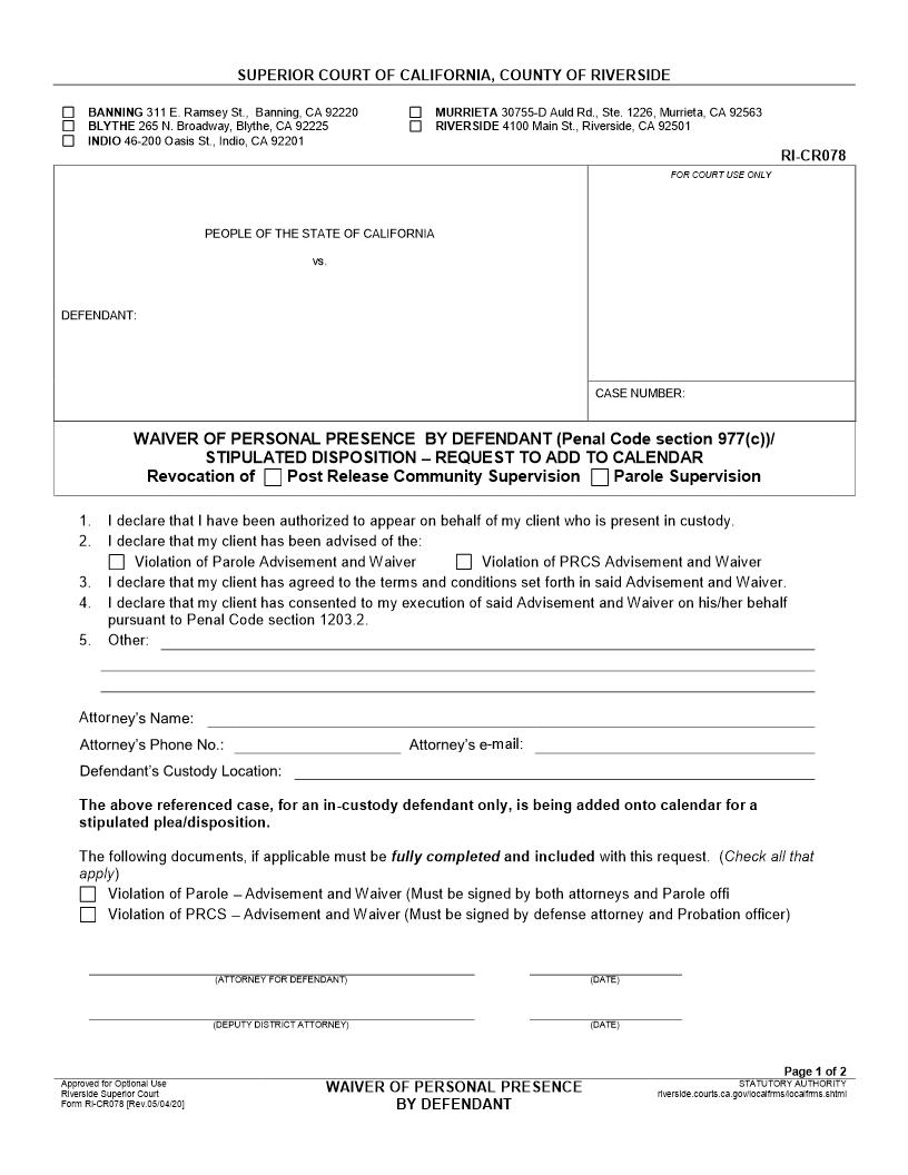 Waiver Of Personal Presence By Defendant {RI-CR078} | Pdf Fpdf Docx | California