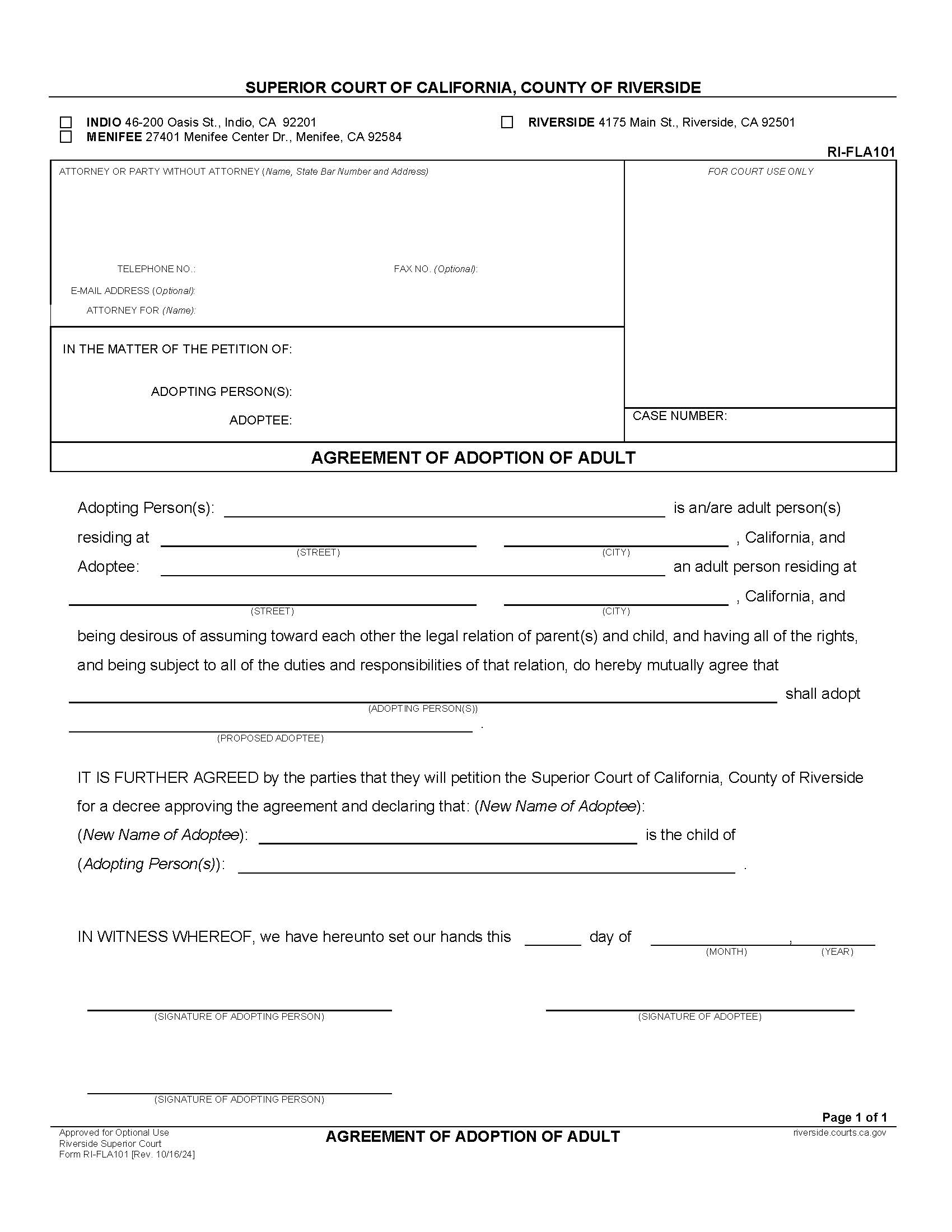 Agreement Of Adoption Of Adult {RI-FLA101} | Pdf Fpdf Doc Docx | California
